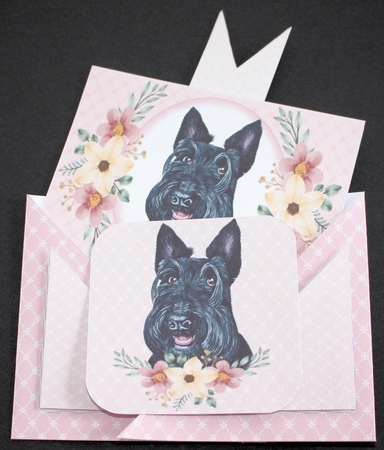 Pink floral dog criss cross card 1 by Marion Kimberley-Scott