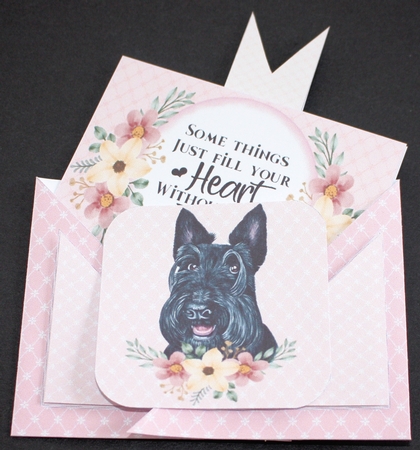 Pink floral dog criss cross card 1 by Marion Kimberley-Scott