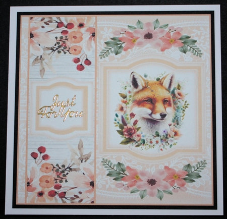 Peach floral fox card front(blank sentiment box) by Marion Kimberley-Scott