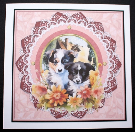 3 Framed floral puppies card front/toppers 1 by Marion Kimberley-Scott