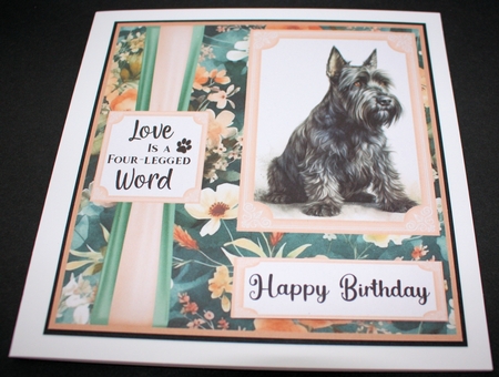 Pink and green floral Scottish Terrier card front 1 by Marion Kimberley-Scott