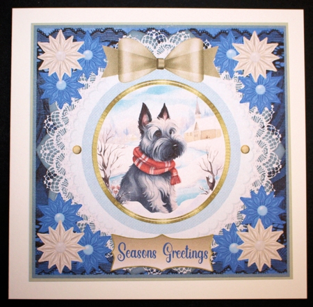 Blue and cream Christmas Scottie card front 1 by Marion Kimberley-Scott