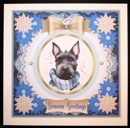 Blue and cream Christmas Scottie card front 2 by Marion Kimberley-Scott