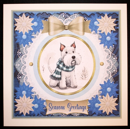 Blue and cream Christmas Scottie card front 3 by Marion Kimberley-Scott