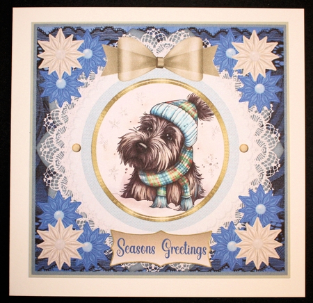 Blue and cream Christmas Scottie card front 4 by Marion Kimberley-Scott