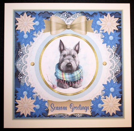 Blue and cream Christmas Scottie card front 5 by Marion Kimberley-Scott