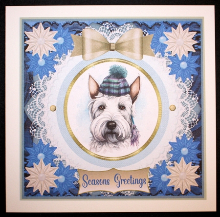 Blue and cream Christmas Scottie card front 6 by Marion Kimberley-Scott