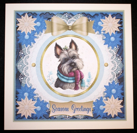 Blue and cream Christmas Scottie card front 7 by Marion Kimberley-Scott