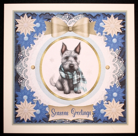 Blue and cream Christmas Scottie card front 8 by Marion Kimberley-Scott