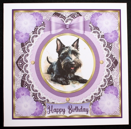 Purple framed Scottish terrier card front 3 by Marion Kimberley-Scott