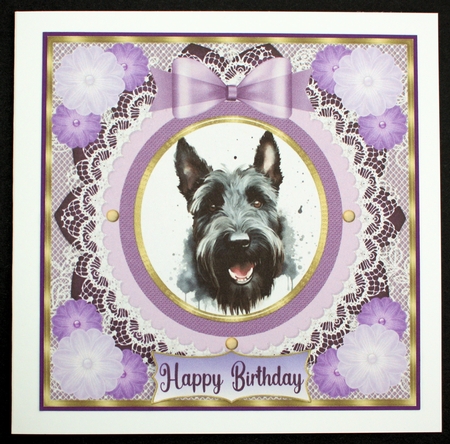 Purple framed Scottish terrier card front 11 by Marion Kimberley-Scott