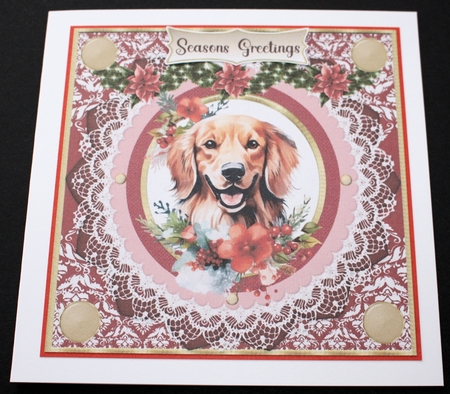 Red floral Christmas dog card front 7 by Marion Kimberley-Scott