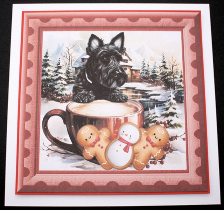 Scottish terrier with hot chocolate and Christmas cookies card front by Marion Kimberley-Scott