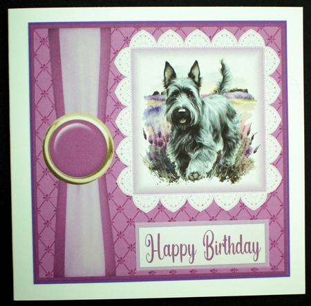 Lavender Scottish terrier card front 1 by Marion Kimberley-Scott