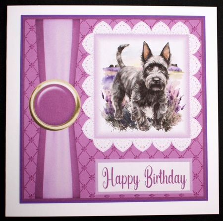 Lavender Scottish terrier card front 5 by Marion Kimberley-Scott