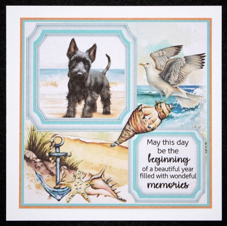 Scottish terrier on the beach card front (new) 2 by Marion Kimberley-Scott