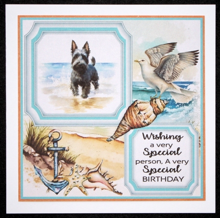 Scottish terrier on the beach card front (new) 4 by Marion Kimberley-Scott