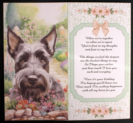 Scottish terrier in garden money/voucher wallet (with verse)2 by Marion Kimberley-Scott