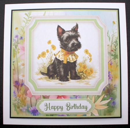 Vintage floral Scottish terrier card front 2 by Marion Kimberley-Scott