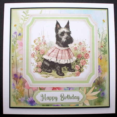 Vintage floral Scottish terrier card front 3 by Marion Kimberley-Scott