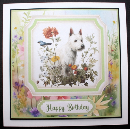 Vintage floral Highland terrier card front 1 by Marion Kimberley-Scott