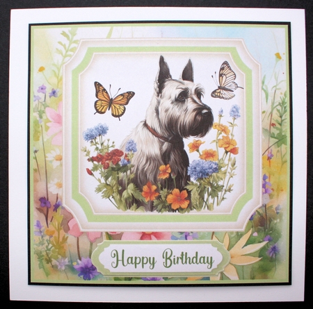 Vintage floral Highland terrier card front 2 by Marion Kimberley-Scott
