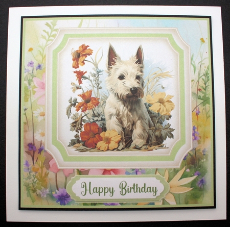 Vintage floral Highland terrier card front 3 by Marion Kimberley-Scott