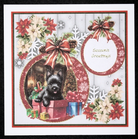 Snowflake Christmas pup card front 1 by Marion Kimberley-Scott
