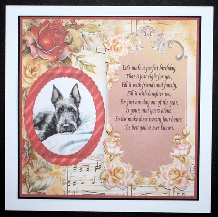 Scottish terrier red rose and music card front 1 by Marion Kimberley-Scott