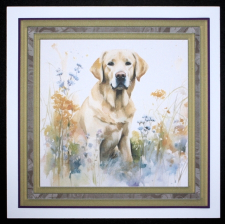 Yellow floral Labrador card front 3 by Marion Kimberley-Scott