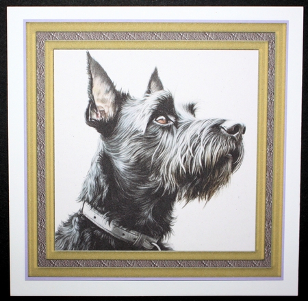 Gold framed Scottish terrier card front 9 by Marion Kimberley-Scott
