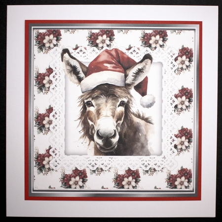 Pretty Winter Flowers With Donkey In Santa Hat On Lace 8x8 Card by Marion Kimberley-Scott