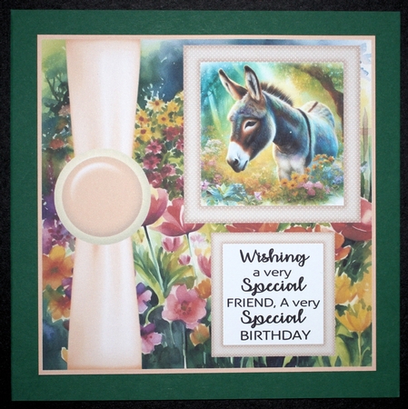 Cute donkey in garden card front 1 by Marion Kimberley-Scott