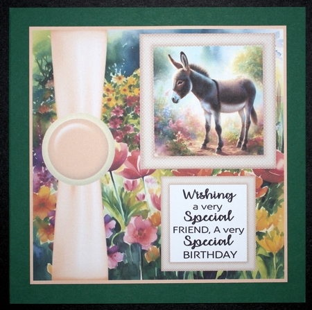 Cute donkey in garden card front 1 by Marion Kimberley-Scott