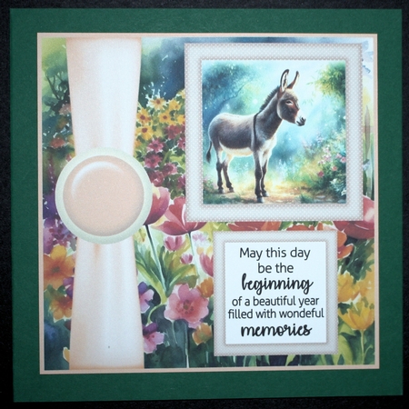 Cute donkey in garden card front 2 by Marion Kimberley-Scott