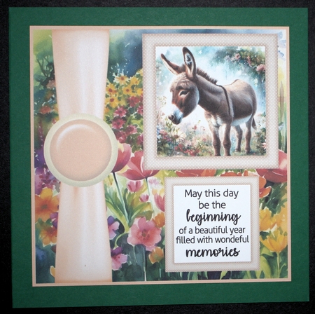 Cute donkey in garden card front 2 by Marion Kimberley-Scott