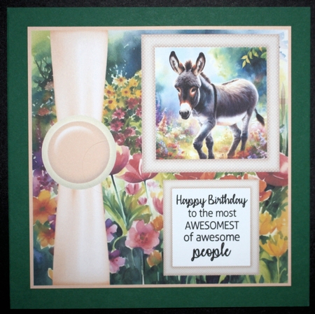 Cute donkey in garden card front 3 by Marion Kimberley-Scott