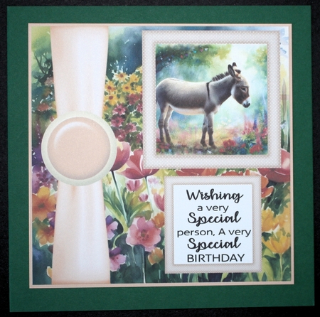 Cute donkey in garden card front 4 by Marion Kimberley-Scott