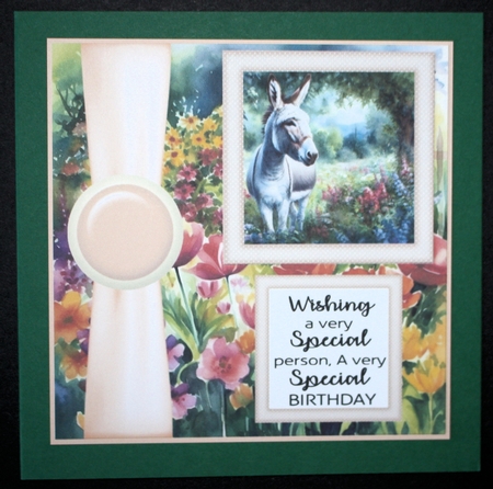 Cute donkey in garden card front 4 by Marion Kimberley-Scott