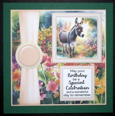 Cute donkey in garden card front 5 by Marion Kimberley-Scott
