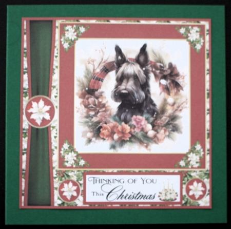 Red and green Christmas Scottie card front 1 by Marion Kimberley-Scott