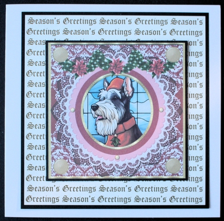 Christmas stained glass Scottish terrier card front 1 by Marion Kimberley-Scott