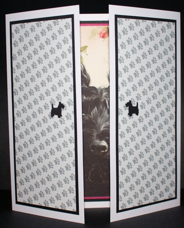 Gate fold Scottish terrier card front by Marion Kimberley-Scott