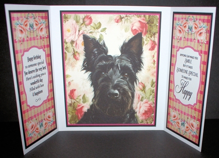 Gate fold Scottish terrier card front by Marion Kimberley-Scott