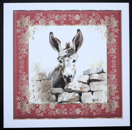 Donkey looking over wall card front 13 by Marion Kimberley-Scott