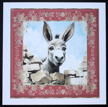 Donkey looking over wall card front 17 by Marion Kimberley-Scott