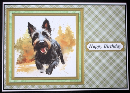 Woodland Scottish terrier card front 3 by Marion Kimberley-Scott