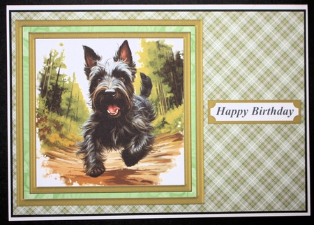 Woodland Scottish terrier card front 4 by Marion Kimberley-Scott