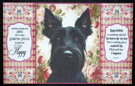 Scottish terrier gate fold card front 2 by Marion Kimberley-Scott