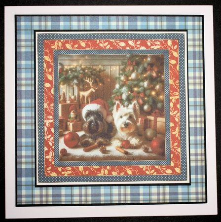 Scottish terrier and Westie Christmas scene card front 1 by Marion Kimberley-Scott